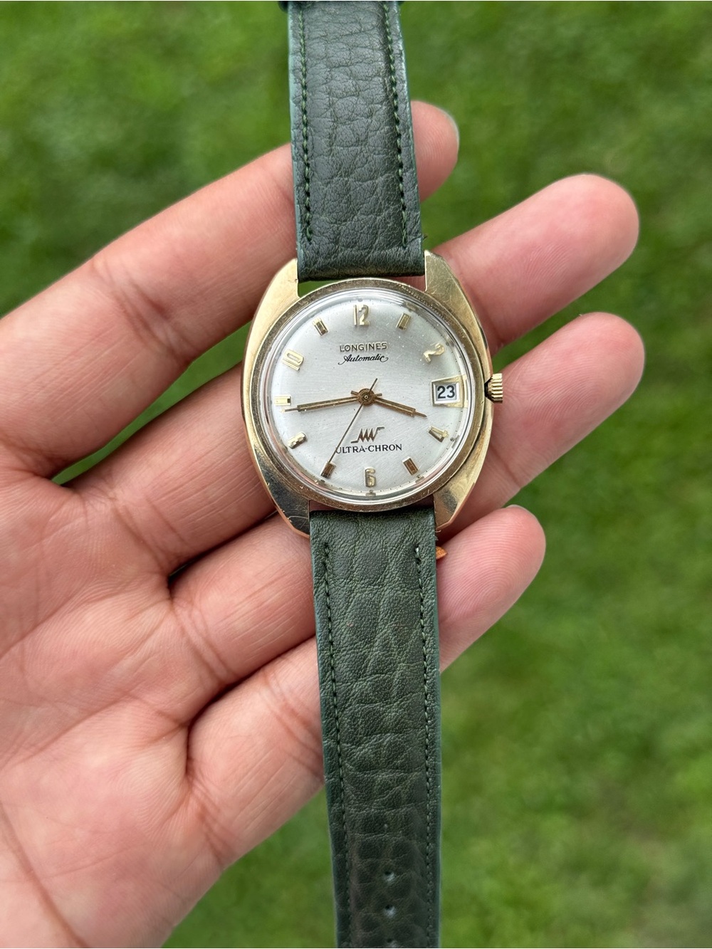 Longines Ultra-Chron vintage Automatic winding Watch in 10k Gold green strap